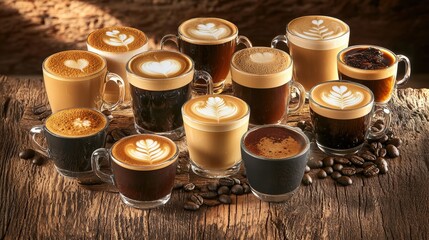 Assortment of artisan coffee drinks with latte art in glass mugs on wooden table