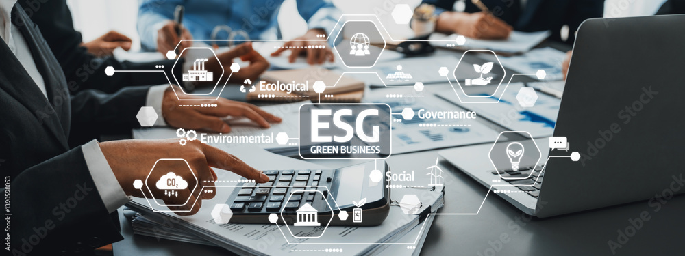 Poster hands of business professionals engaging in esg practices with graphs and icons representing environ