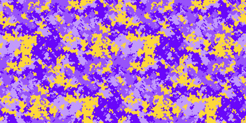 Abstract digital camouflage pattern in vibrant purple and gold.  Ideal for fashion, textiles, backgrounds, and graphic design projects.  The pixelated texture offers a modern, energetic aesthetic.