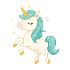 Adorable cartoon unicorn with turquoise mane and golden horn, standing on hind legs with sparkles – fantasy illustration for kids decor, nursery art, fairytales, and magical themes