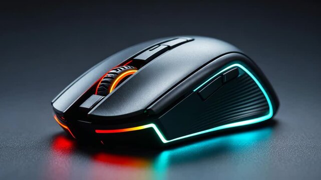 Black wireless gaming mouse with backlight showcased in a videograph backdrop. Selective focus. Close-up.