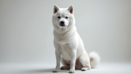 Fototapeta premium White shiba inu dog sitting and gazing at the camera, set against a white background.