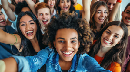 Fototapeta premium Lively group of friends celebrating joyfully in a bright space 