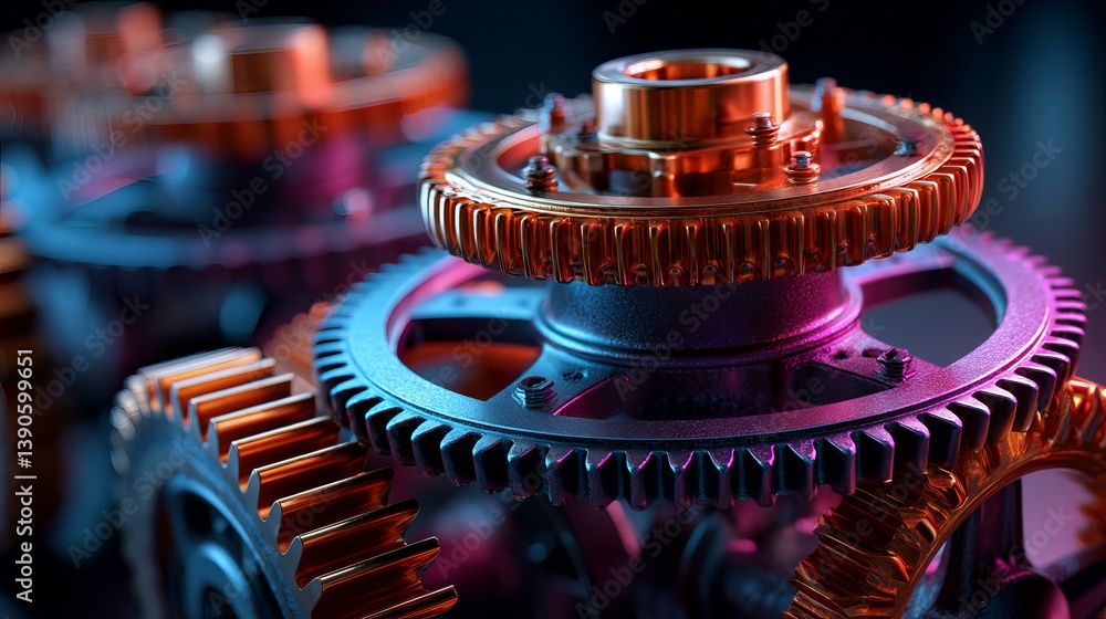 Poster detailed closeup of interlocking metal gears precise engineering machine parts industrial technology