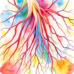 Fototapeta premium Colorful root system: An artistic representation of a tree's root system, showcasing vibrant colors and intricate details against a soft watercolor backdrop, celebrating growth and connection.