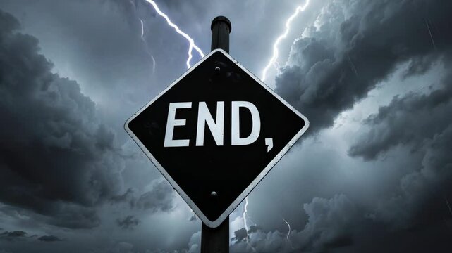 Black and white footage of a diamond-shaped road sign showing the word End set against a stormy sky with lightning and a blue-tinted atmosphere.