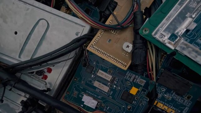 Close-up of discarded computer monitors, circuit boards, and electronic components forming a substantial pile of e-waste, emphasizing the urgent issue of electronic waste disposal