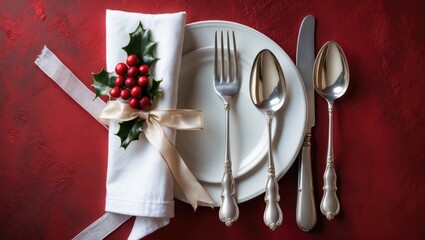 Festive Place Setting Showcasing Sterling Silverware and White Napkin with Ribbon on Background with Text Space Available