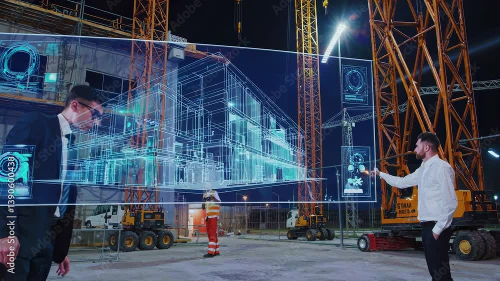 Poster architects and engineers are using a futuristic holographic bim software to visualize a 3d model of 