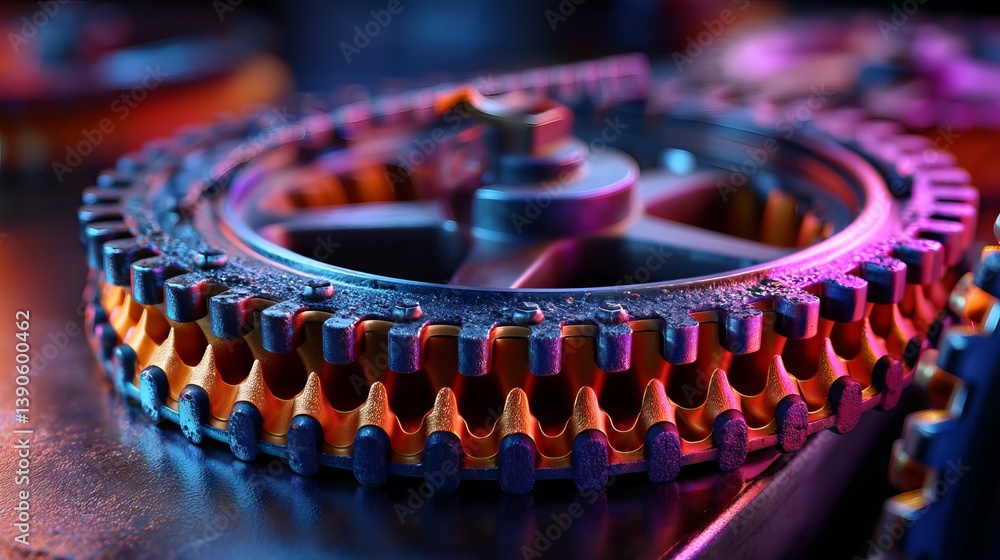 Poster closeup detailed view of interlocking metal gears precisely engineered mechanical components industr