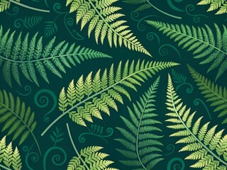 A vibrant, repeating pattern of detailed fern leaves in shades of green, set against a rich teal backdrop.