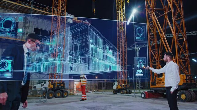 Architects and engineers are using a futuristic holographic bim software to visualize a 3d model of a building on a construction site at night, improving planning and collaboration
