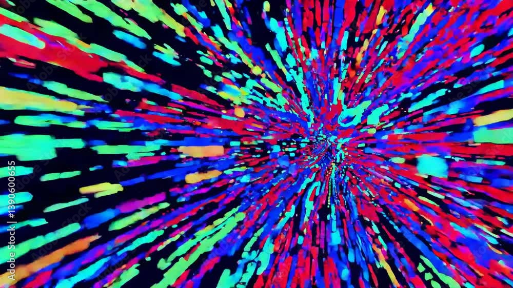 Poster brightly colored particles exploding from a central point create a vibrant visual effect against a d