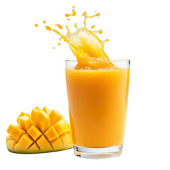 A glass of mango juice fills with laughter, cut mangoes taste good in the air, mango juice drips, the mind smiles, mango pieces float in the air, on a transparent backgrounds