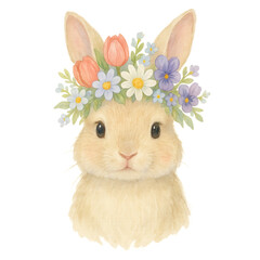 Sweet Bunny with a Colorful Floral Crown in a Soft Watercolor Style