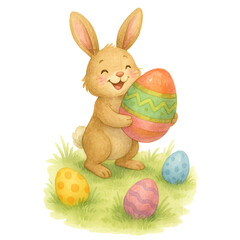 Joyful Bunny Holding a Large Easter Egg in a Grassy Field, Watercolor Style