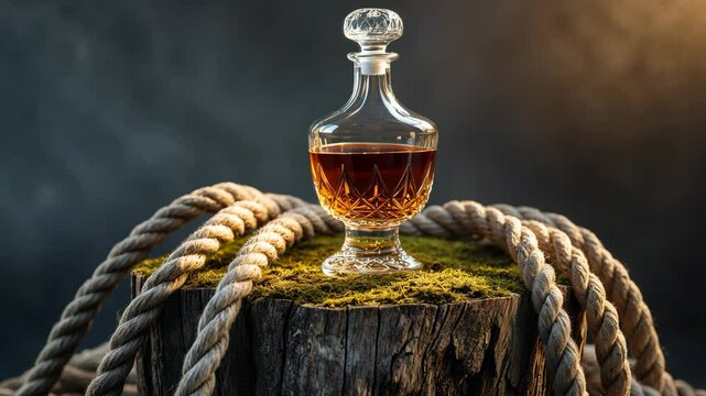 Whiskey glass in a brandy snifter and rope on a rustic stump with a dark background.