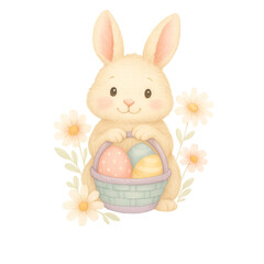 Charming Easter Bunny with Pastel Basket of Decorated Eggs Surrounded by Watercolor Flowers