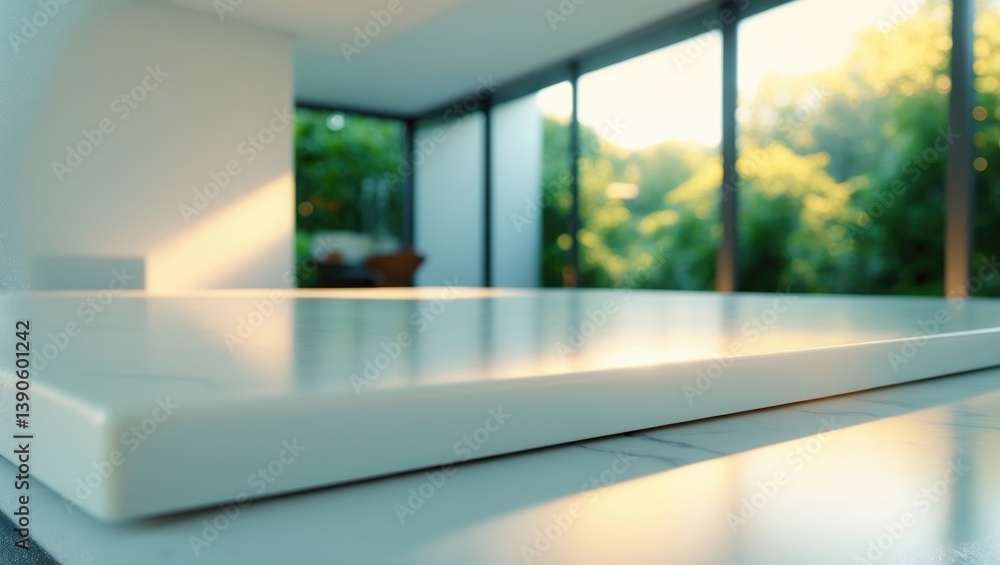 Poster wood table surface in a blurred open space. abstract bokeh light in the background for design purpos