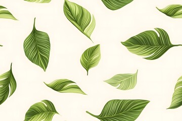 Bright Green Tropical Foliage: Minimalist Repeating Pattern of Leaves on a Pale White Background