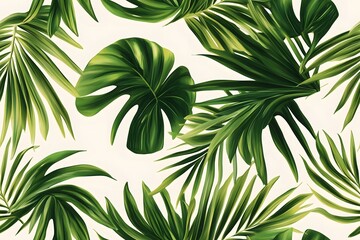 Obraz premium Minimalist Green Leaves: A Repeating Tropical Foliage Pattern on a Pale White Background