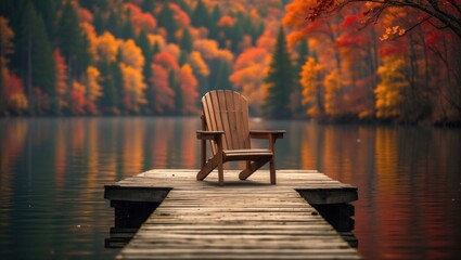 Wooden dock featuring a chair on a tranquil lake.