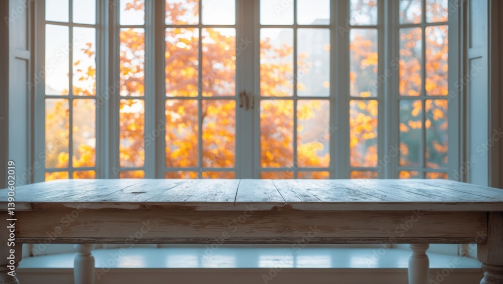 Poster white table in front of an afternoon window backdrop.