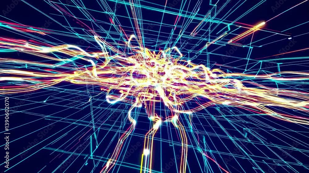 Poster colorful, glowing lines create a mesmerizing plexus effect against a dark background, symbolizing co