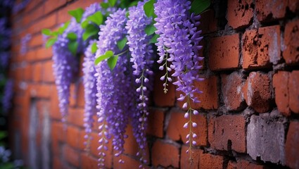 Wisteria vines, training a climbing plant or tree on a wall of a house during spring, using wire rope for support.