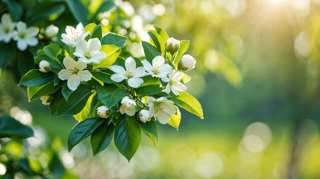 Citrus white flowers at the border of a hazy sunny background. Blossoming tree. Blooming.
