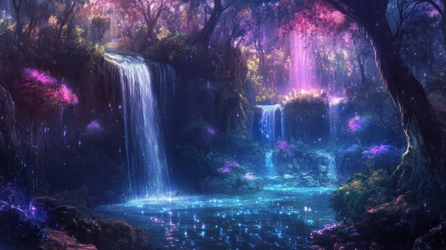 Enchanting waterfall in a mystical forest with glowing flora
