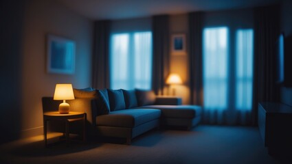 Contemporary hotel living room design featuring abstract dark blur