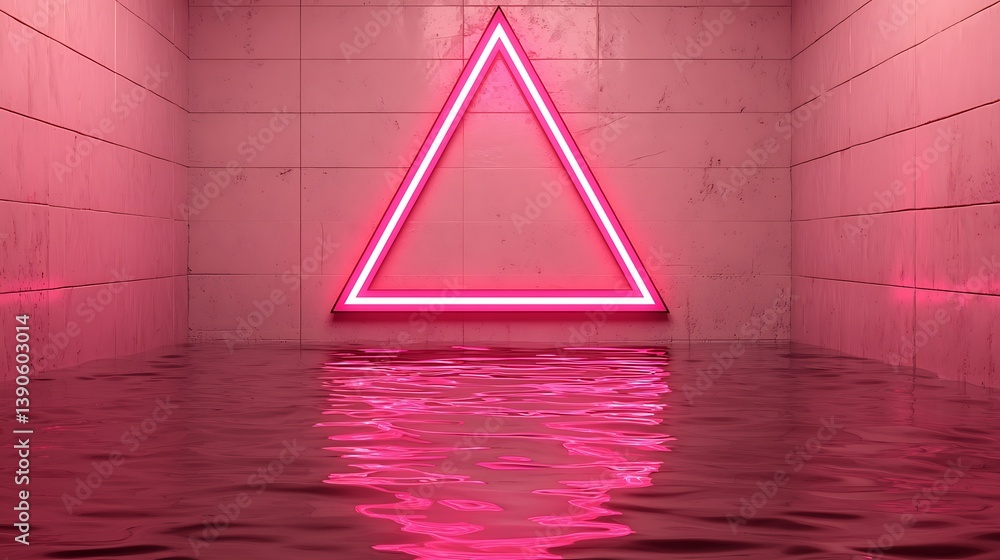 Poster pink neon triangle reflection: abstract geometric design with water effect and modern art presentati