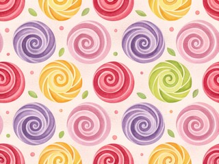 A delightful seamless pattern featuring a repeating design of colorful, spiral-shaped candies.