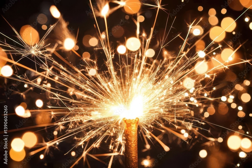 Poster sparks flying from a firework against a dark backdrop creating a dazzling display of light, close up
