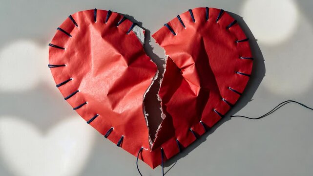 Shattered heart. Fractured red paper heart sewn together with thread on a backdrop, seen from above.