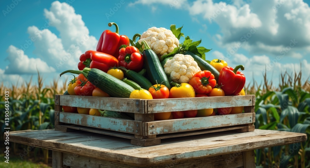 Poster wooden crate filled with assorted vegetables positioned on a table's corner against a backdrop of cl