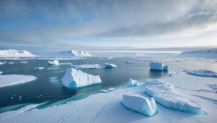 Aerial perspective of an iceberg trapped in a snowy ice landscape during the Antarctic winter.
