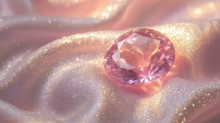 Fototapeta premium Pink Gem Close-up on Shimmering Fabric - A dazzling pink gemstone rests on luxurious, shimmering fabric. Symbolizing luxury, beauty, elegance, rarity, and preciousness