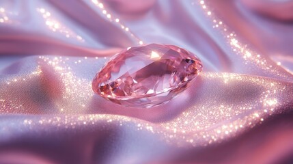 Pink Gemstone Close-up on Shimmering Fabric - A close-up shot of a pink gemstone resting on luxurious, shimmering fabric. Symbolizing luxury, beauty, elegance, rarity, and preciousness
