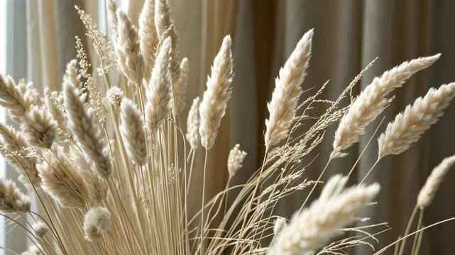 Close-up of a beautiful creamy dry grass arrangement. Bunny tail plant positioned before a gently blurred curtain background. Selective focus. Home floral decoration.