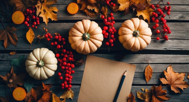 Seasonal autumn backdrop featuring fallen leaves, fruits, and vegetables on a rustic wooden surface. Vintage paper setup, copy space available. Healthy and fresh, top-down view, flat lay.