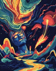 Obraz premium Surreal psychedelic landscape with fiery ribbons and alien mushrooms under starry sky