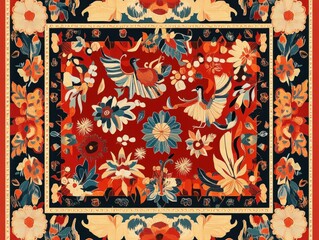 Red-toned textile design with stylized birds and floral motifs in warm color palette