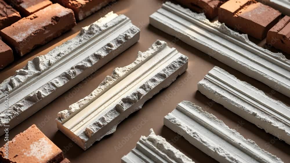Poster detailed view of textured clay bricks arranged on a surface, highlighting their complex designs and 