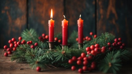 Advent wreath adorned with red candles and a lit candle, including space for writing