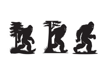 Bigfoot silhouette icons - Sasquatch creatures in forest design, mythical monster set