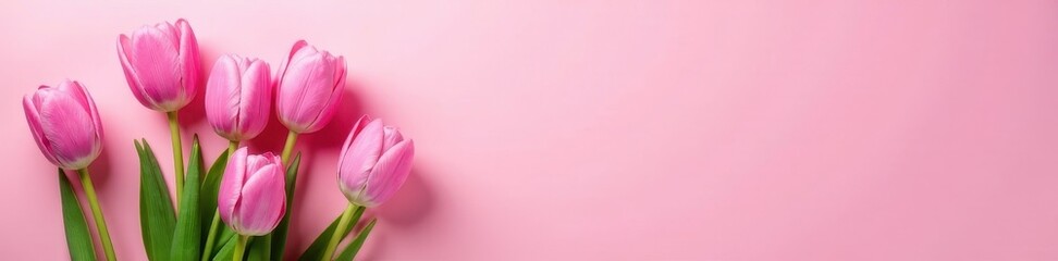 Fototapeta premium Cluster of pink tulips on a pink and white gradient, design, petals