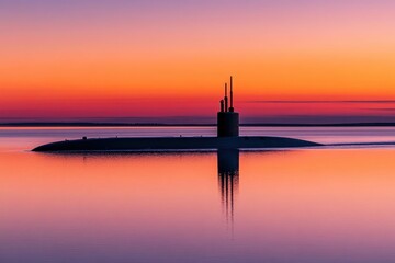 Fototapeta premium Silhouette of a military submarine arriving at sunset on calm waters, The silhouette of a military submarine as it arrives into port at dawn