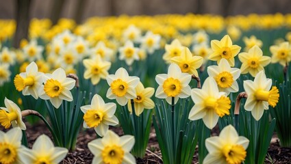 Fototapeta premium Gorgeous Yellow Daffodils in a Sunlit Field. Perfect for Background and Flower Landscape.